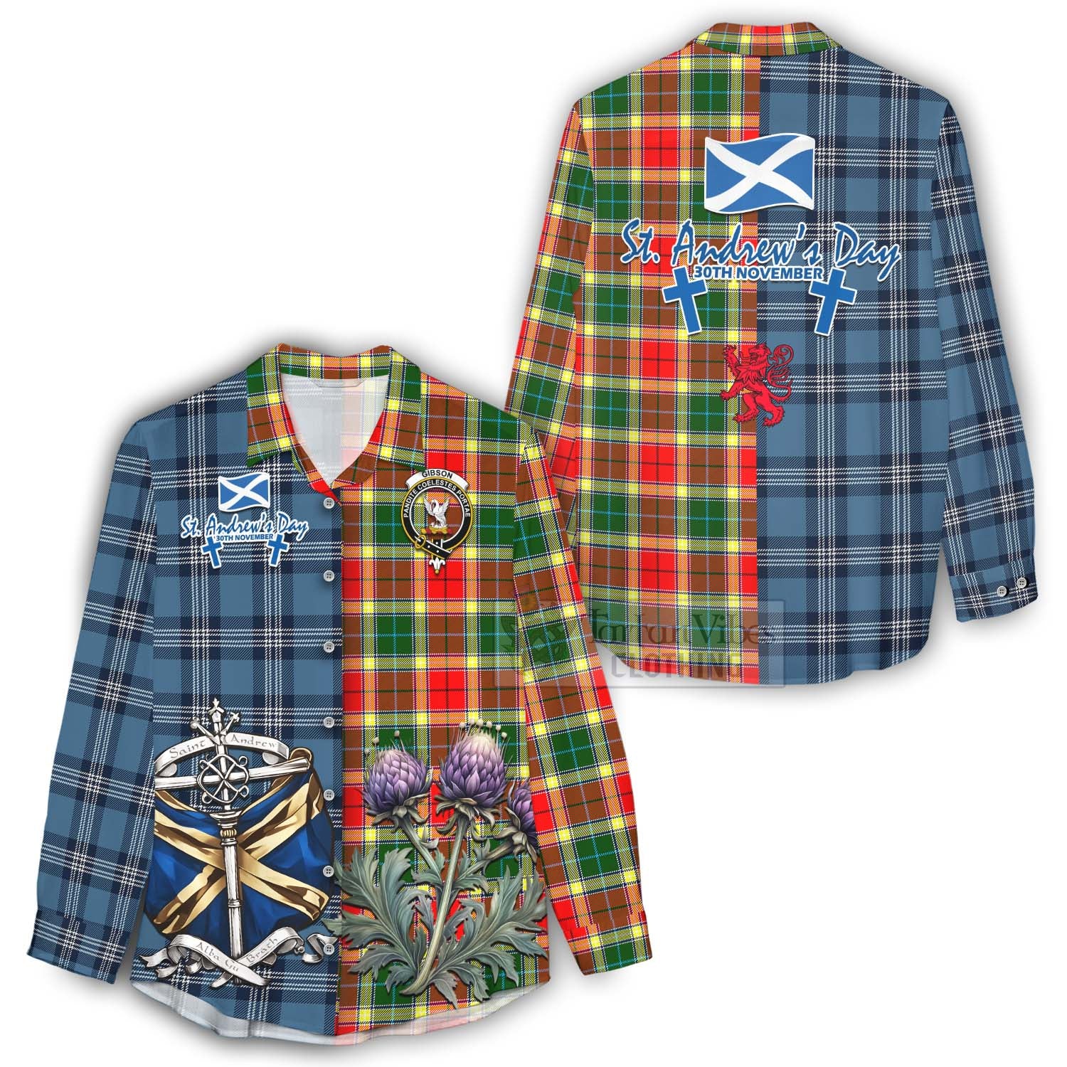 Tartan Vibes Clothing Gibson (Gibbs or Gibsone) Tartan Women's Casual Shirt Happy St. Andrew's Day Half Tartan Style