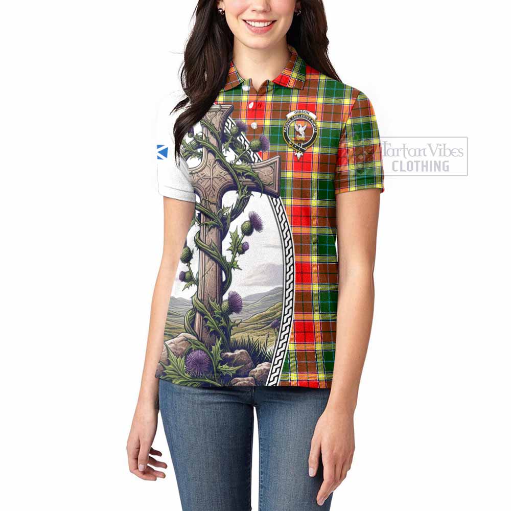 Tartan Vibes Clothing Gibson (Gibbs or Gibsone) Tartan Women's Polo Shirt with Family Crest and St. Andrew's Cross Accented by Thistle Vines