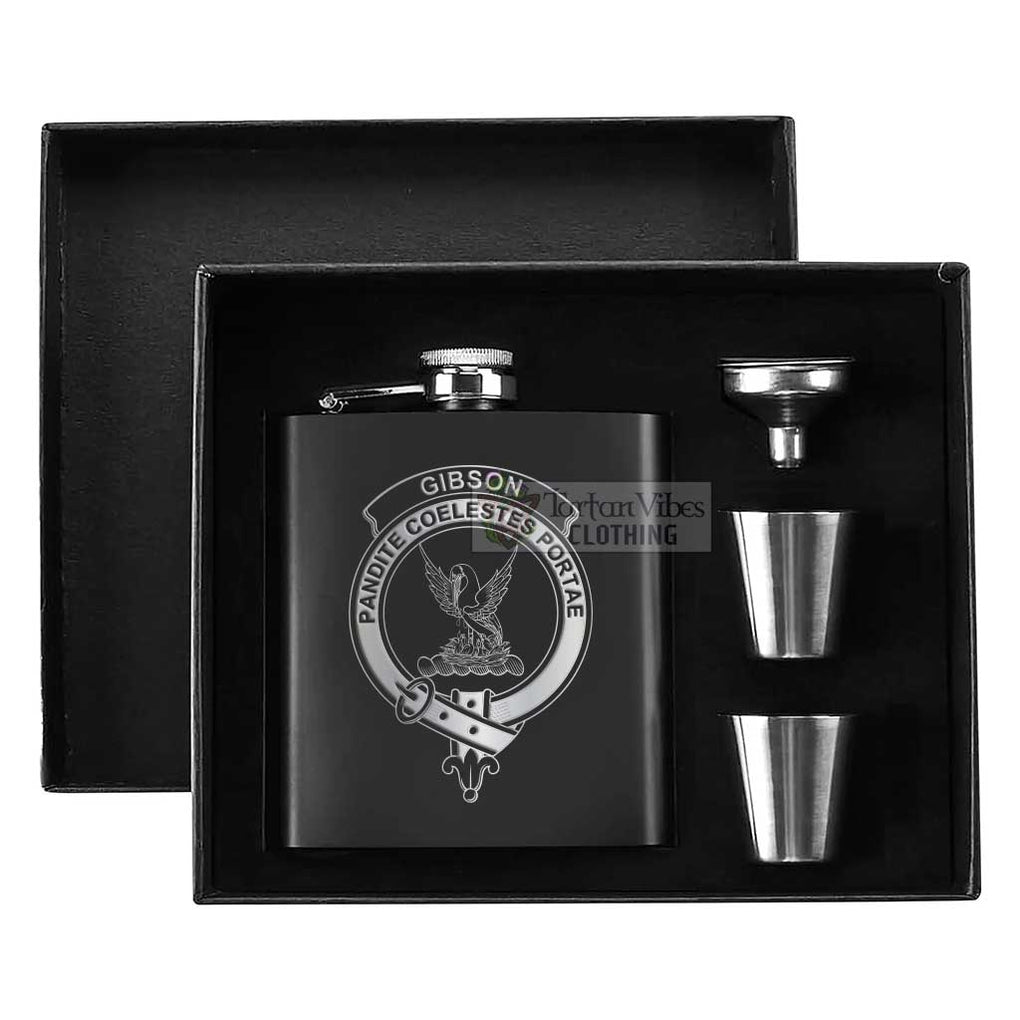 Tartan Vibes Clothing Gibson (Gibbs or Gibsone) Crest Hip Flask Set 7oz Black Stainless Steel with A Gift Box