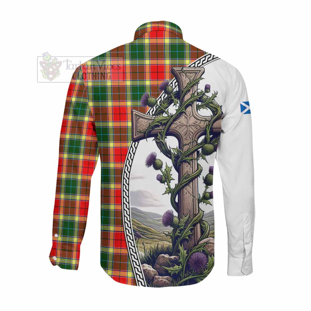 Tartan Vibes Clothing Gibson (Gibbs or Gibsone) Tartan Long Sleeve Button Shirt with Family Crest and St. Andrew's Cross Accented by Thistle Vines