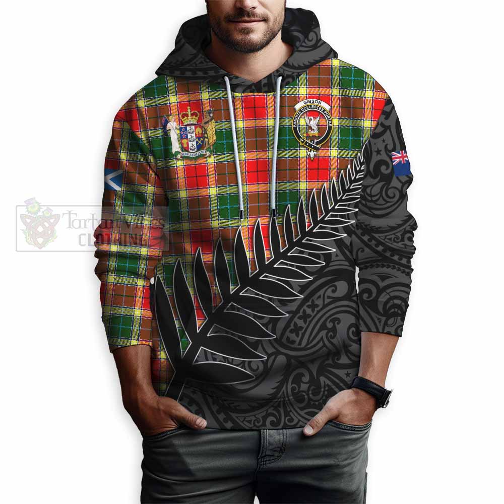 Tartan Vibes Clothing Gibson (Gibbs or Gibsone) Crest Tartan Hoodie with New Zealand Silver Fern Half Style