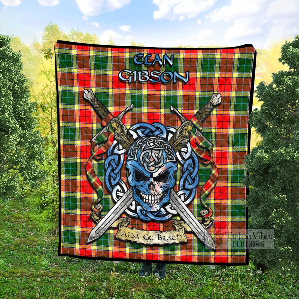 Tartan Vibes Clothing Gibson (Gibbs or Gibsone) Tartan Quilt with Celtic Skull Alba Gu Brath Style