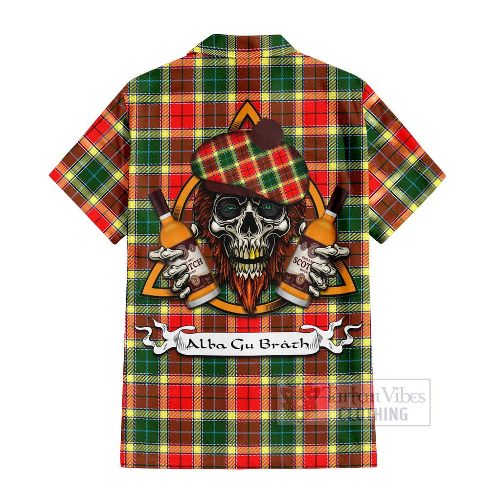 Tartan Vibes Clothing Gibson (Gibbs or Gibsone) Tartan Short Sleeve Button Shirt with Family Crest and Bearded Skull Holding Bottles of Whiskey