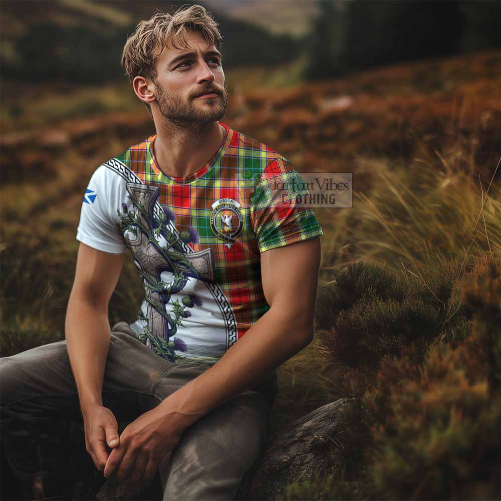 Tartan Vibes Clothing Gibson (Gibbs or Gibsone) Agnew Tartan T-Shirt with Family Crest and St. Andrew's Cross Accented by Thistle Vines