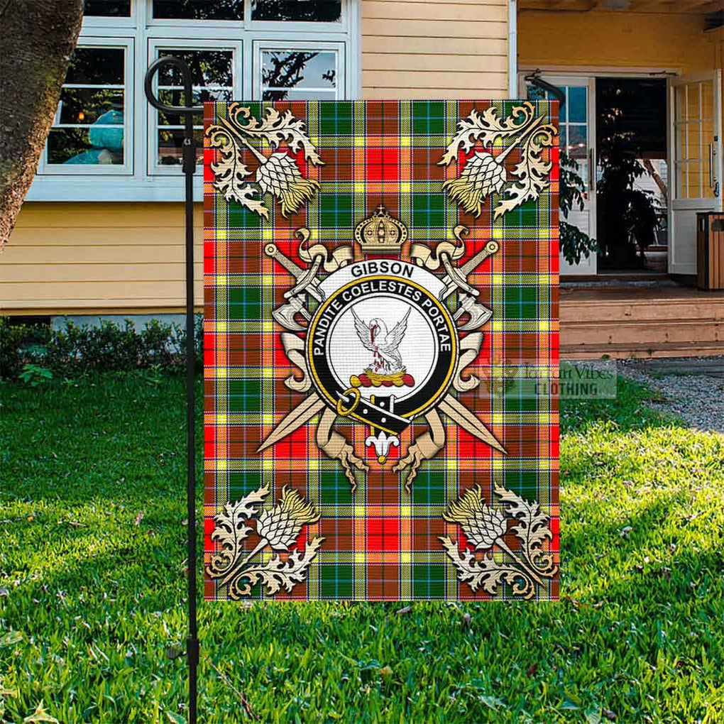 Tartan Vibes Clothing Gibson (Gibbs or Gibsone) Tartan Flag with Family Crest and Golden Thistle Crossed Sword Design