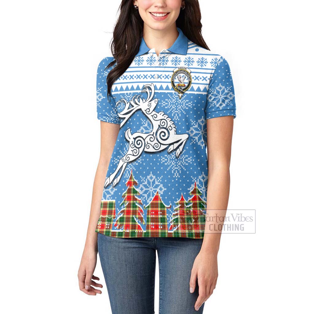 Tartan Vibes Clothing Gibson (Gibbs or Gibsone) Clan Christmas Women's Polo Shirt Celtic Reindeer Style