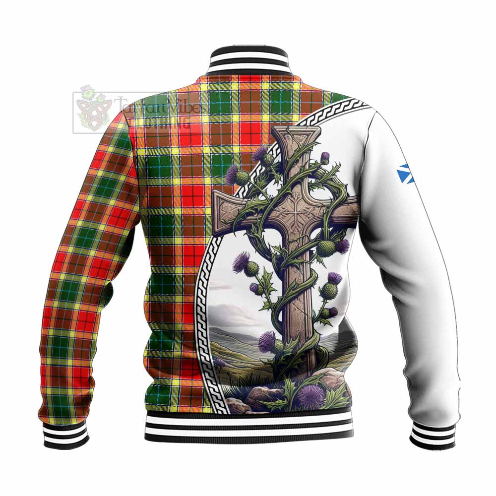 Tartan Vibes Clothing Gibson (Gibbs or Gibsone) Tartan Baseball Jacket with Family Crest and St. Andrew's Cross Accented by Thistle Vines