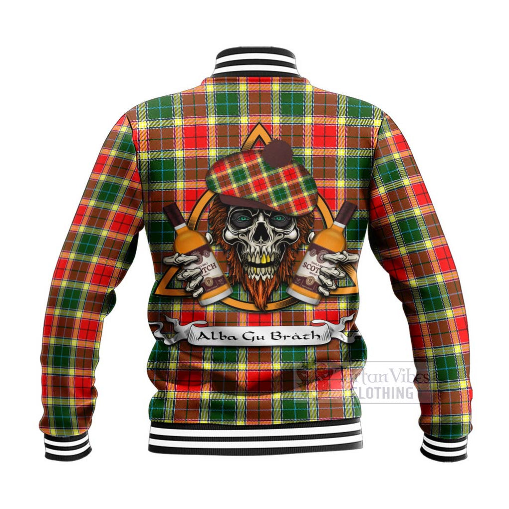 Tartan Vibes Clothing Gibson (Gibbs or Gibsone) Tartan Baseball Jacket with Family Crest and Bearded Skull Holding Bottles of Whiskey