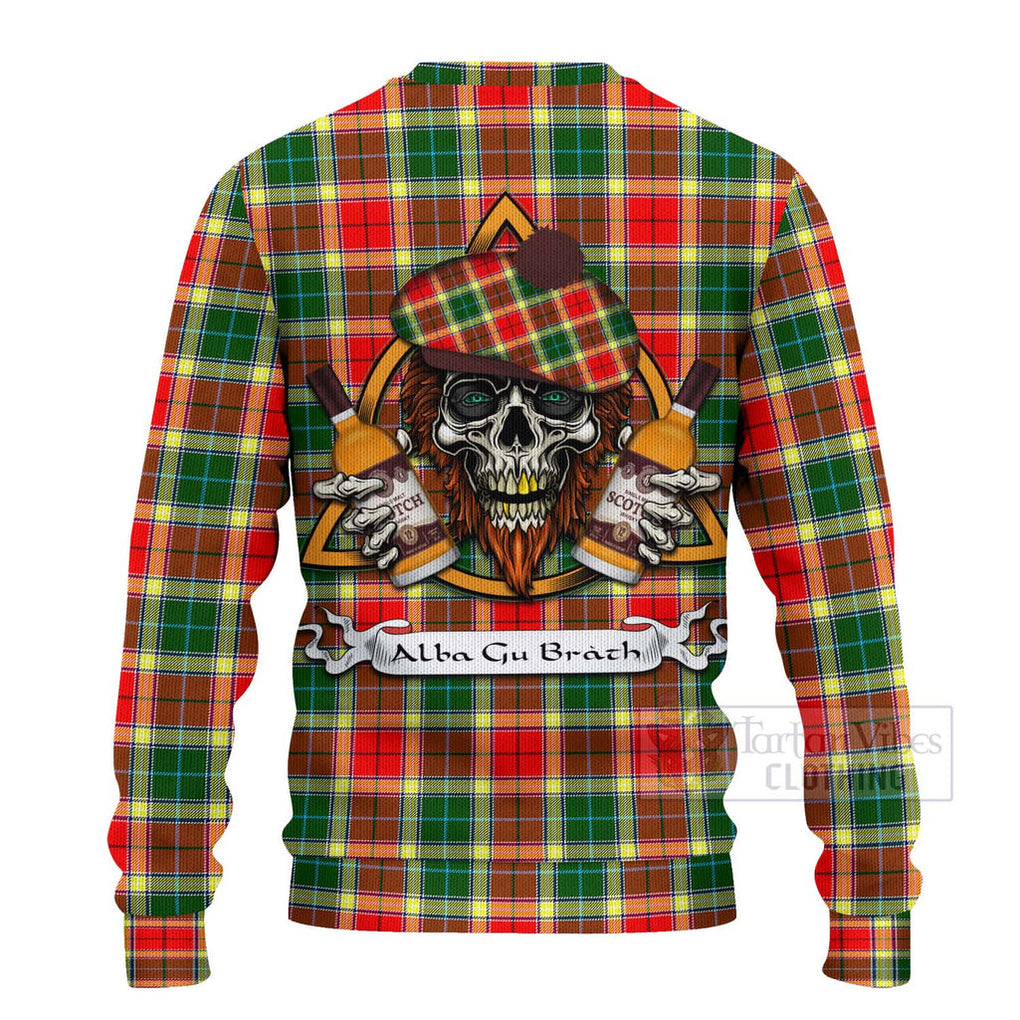 Tartan Vibes Clothing Gibson (Gibbs or Gibsone) Tartan Knitted Sweater with Family Crest and Bearded Skull Holding Bottles of Whiskey