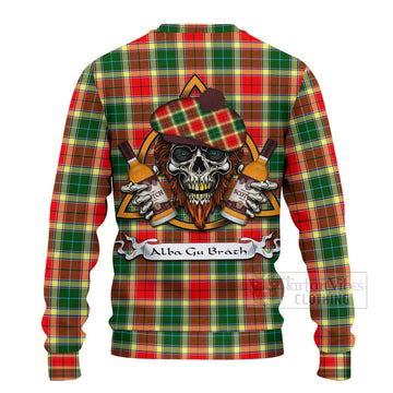 Gibson (Gibbs or Gibsone) Tartan Ugly Sweater with Family Crest and Bearded Skull Holding Bottles of Whiskey