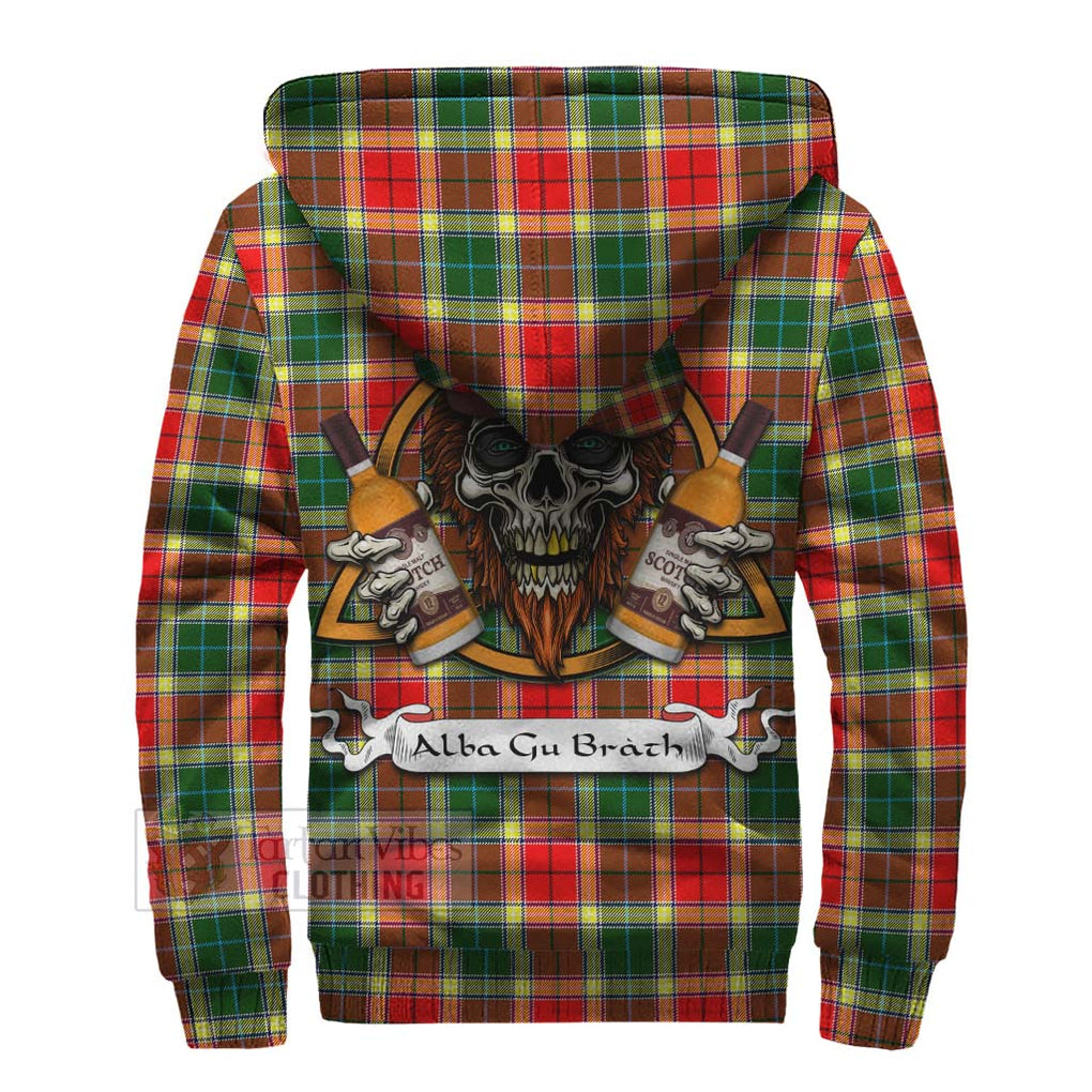 Tartan Vibes Clothing Gibson (Gibbs or Gibsone) Tartan Sherpa Hoodie with Family Crest and Bearded Skull Holding Bottles of Whiskey