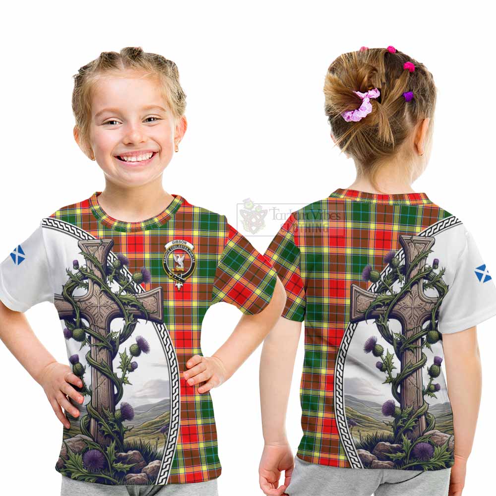 Tartan Vibes Clothing Gibson (Gibbs or Gibsone) Tartan Kid T-Shirt with Family Crest and St. Andrew's Cross Accented by Thistle Vines