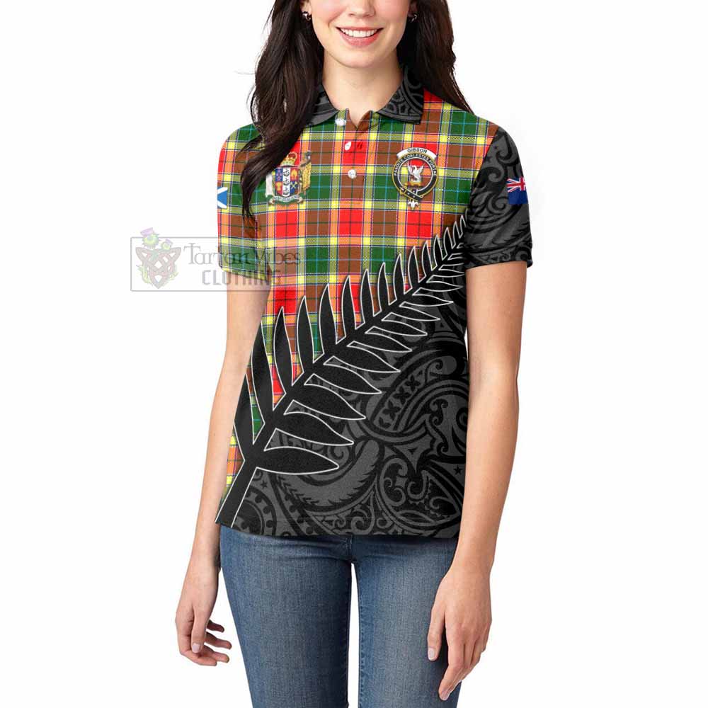 Tartan Vibes Clothing Gibson (Gibbs or Gibsone) Crest Tartan Women's Polo Shirt with New Zealand Silver Fern Half Style