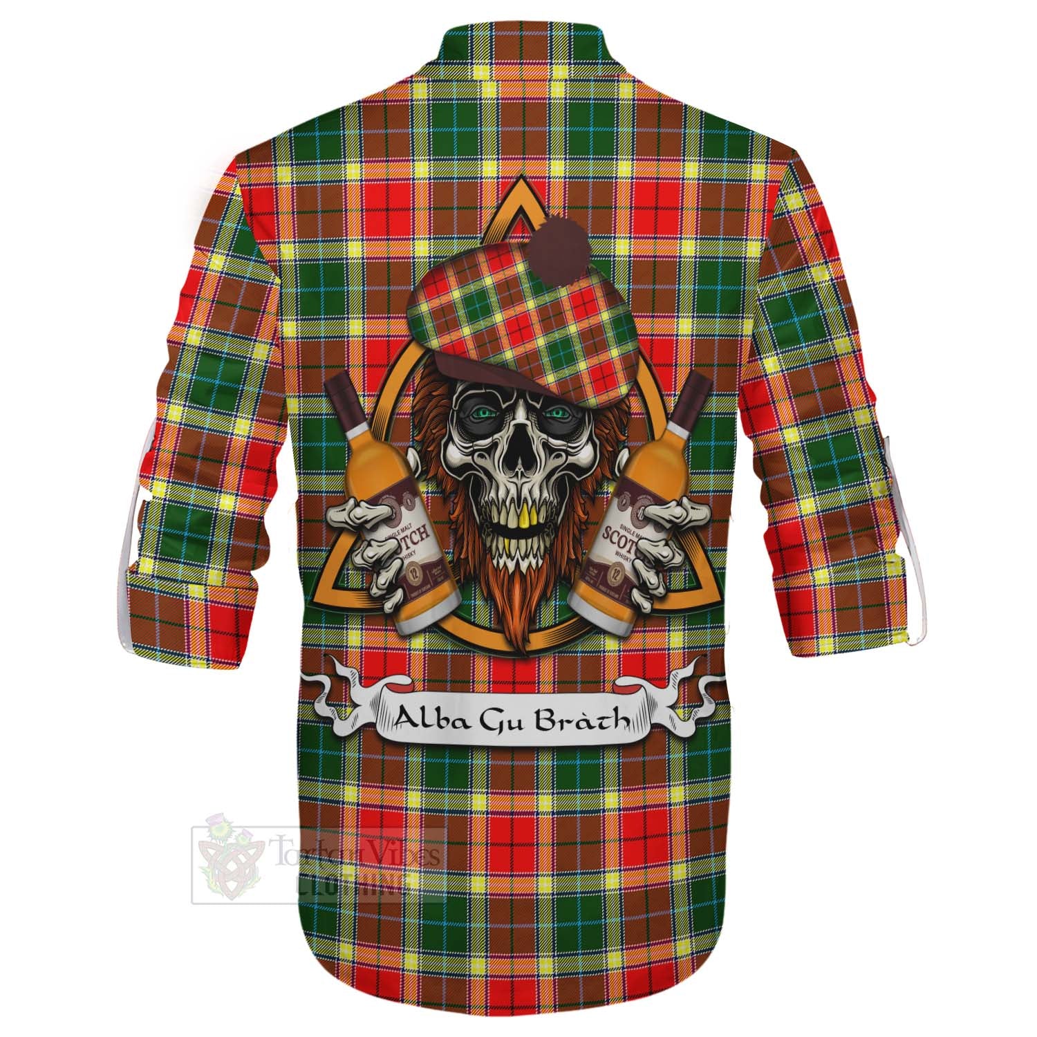 Tartan Vibes Clothing Gibson (Gibbs or Gibsone) Tartan Ghillie Kilt Shirt with Family Crest and Bearded Skull Holding Bottles of Whiskey