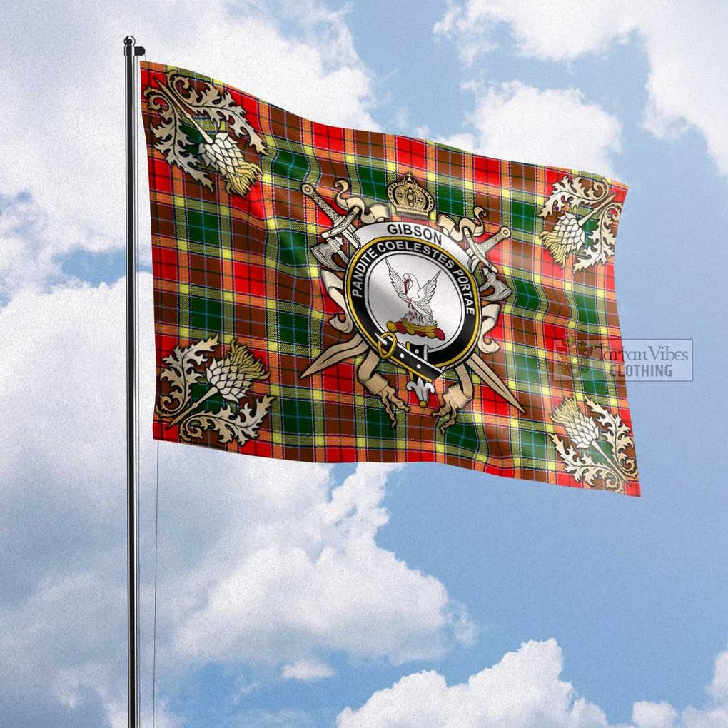 Tartan Vibes Clothing Gibson (Gibbs or Gibsone) Tartan Flag with Family Crest and Golden Thistle Crossed Sword Design