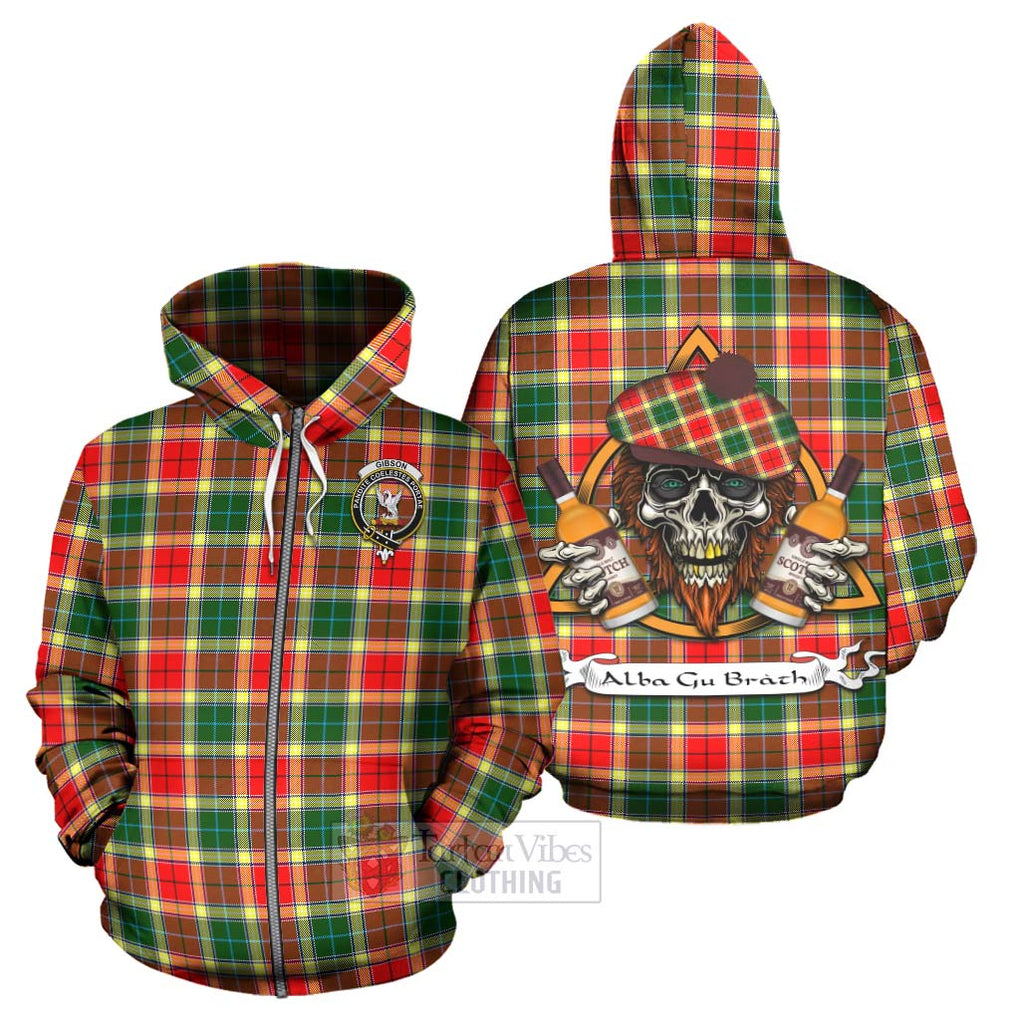 Tartan Vibes Clothing Gibson (Gibbs or Gibsone) Tartan Hoodie with Family Crest and Bearded Skull Holding Bottles of Whiskey