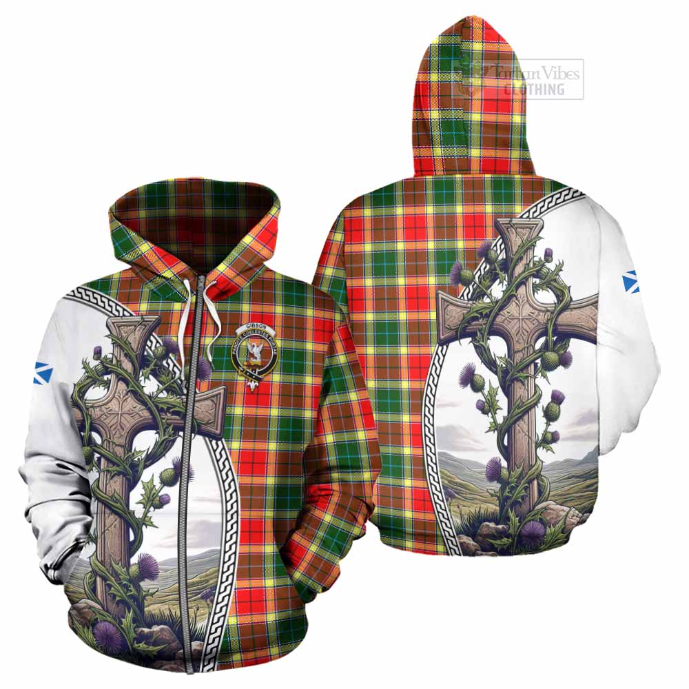 Tartan Vibes Clothing Gibson (Gibbs or Gibsone) Tartan Hoodie with Family Crest and St. Andrew's Cross Accented by Thistle Vines