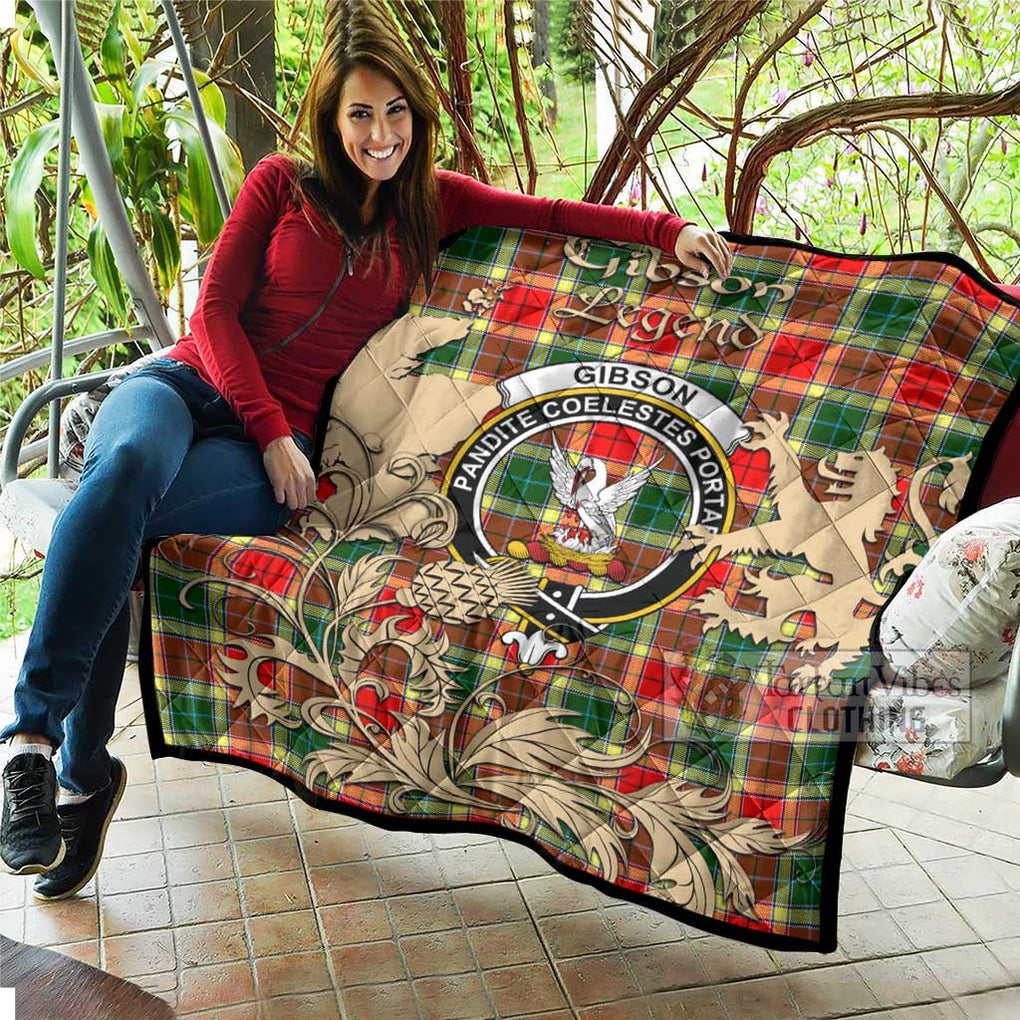 Tartan Vibes Clothing Gibson (Gibbs or Gibsone) Tartan Quilt with Family Crest and Scottish Symbol Style