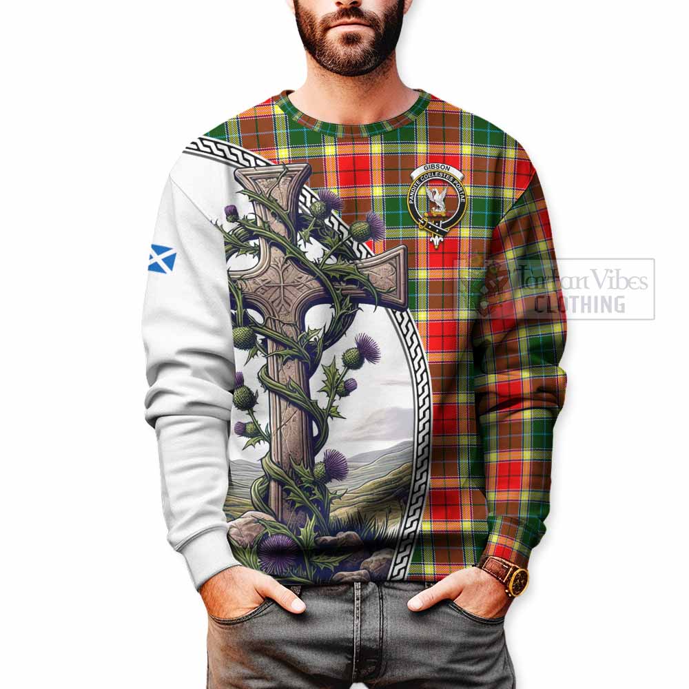 Tartan Vibes Clothing Gibson (Gibbs or Gibsone) Tartan Sweatshirt with Family Crest and St. Andrew's Cross Accented by Thistle Vines