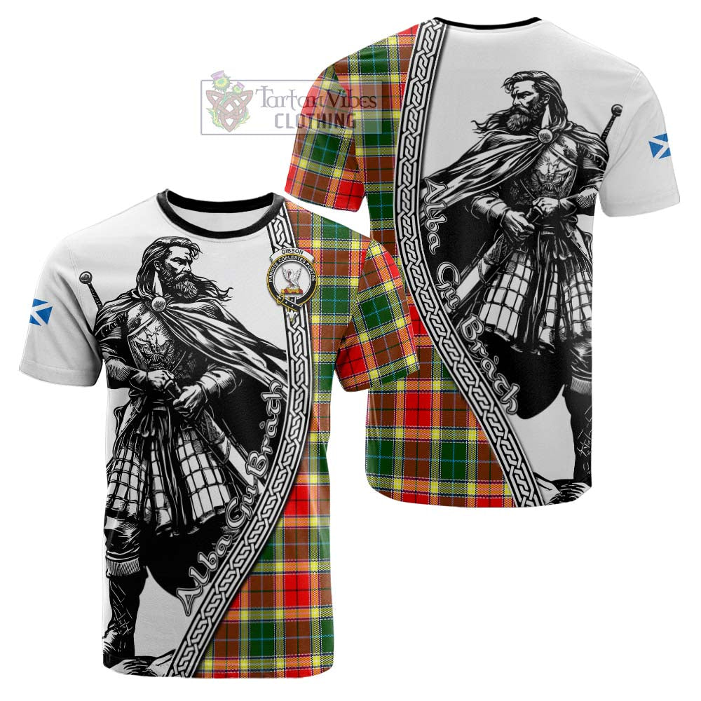 Gibson (Gibbs or Gibsone) Tartan Clan Crest Cotton T-shirt with Highlander Warrior Celtic Style