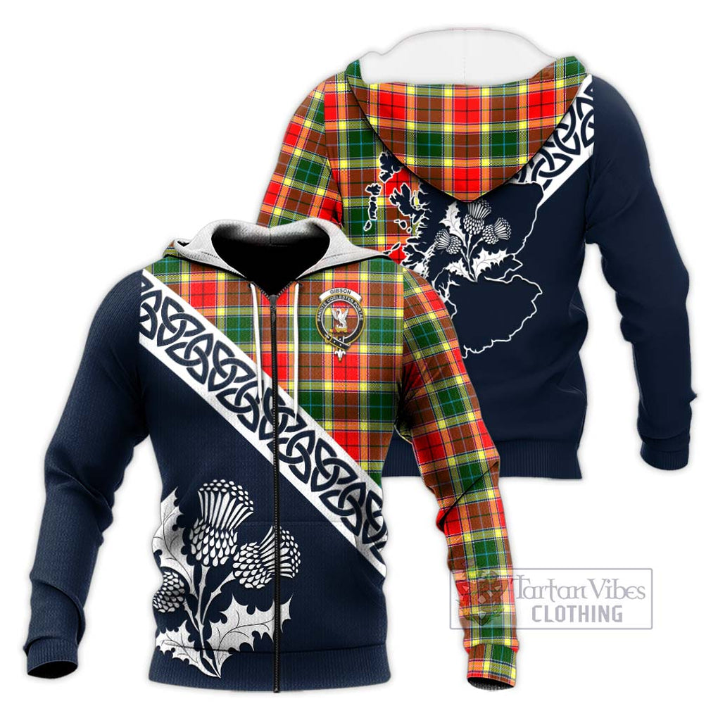 Tartan Vibes Clothing Gibson (Gibbs or Gibsone) Tartan Knitted Hoodie Featuring Thistle and Scotland Map