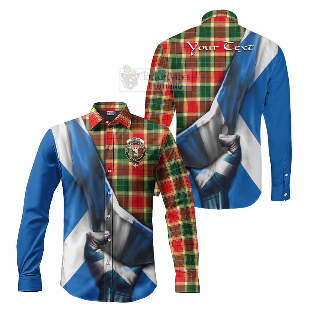 Tartan Vibes Clothing Gibson (Gibbs or Gibsone) Tartan Long Sleeve Button Shirt with Family Crest Scotland Patriotic Style