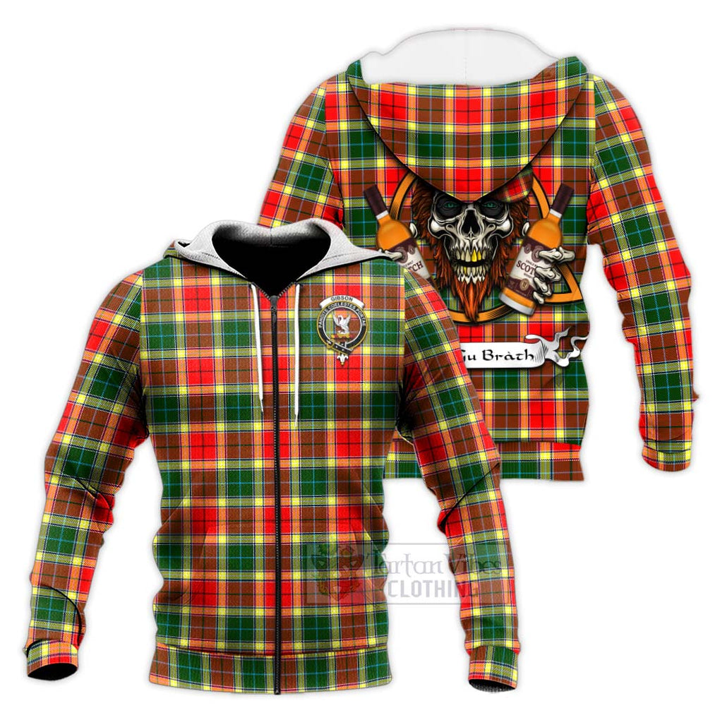 Tartan Vibes Clothing Gibson (Gibbs or Gibsone) Tartan Knitted Hoodie with Family Crest and Bearded Skull Holding Bottles of Whiskey