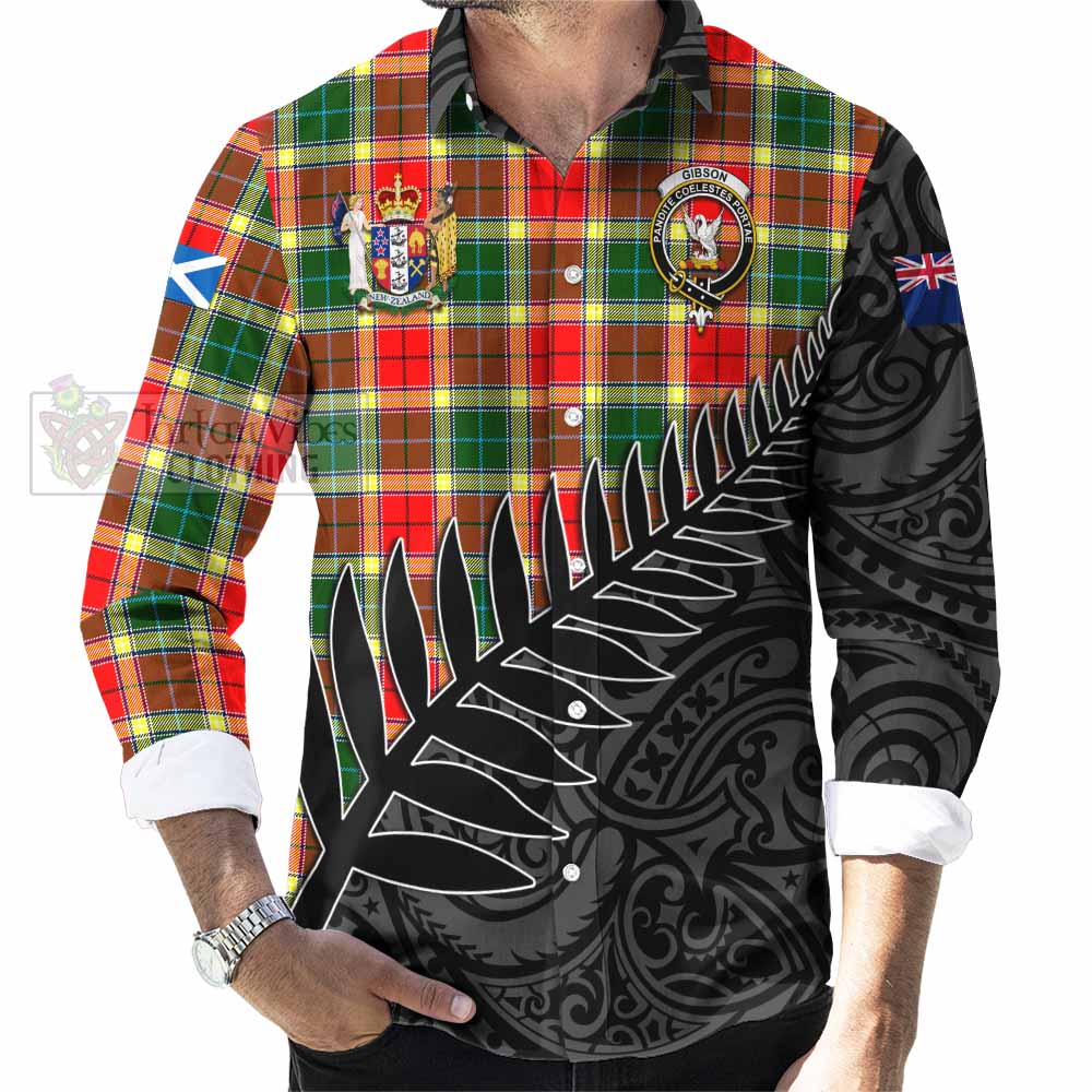 Tartan Vibes Clothing Gibson (Gibbs or Gibsone) Crest Tartan Long Sleeve Button Shirt with New Zealand Silver Fern Half Style