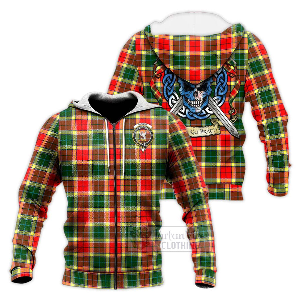 Tartan Vibes Clothing Gibson (Gibbs or Gibsone) Tartan Knitted Hoodie with Family Crest Celtic Skull Style