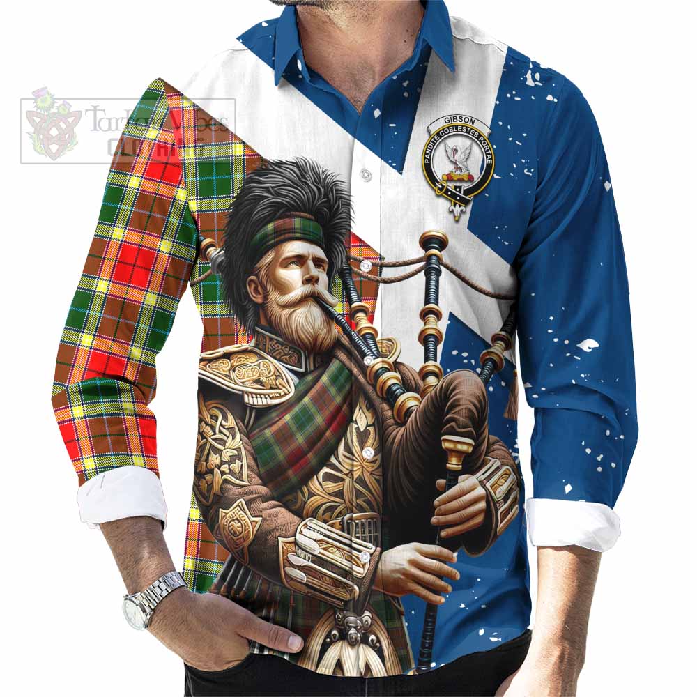 Tartan Vibes Clothing Gibson (Gibbs or Gibsone) Tartan Long Sleeve Button Shirt with Family Crest Scottish Bagpiper Vibes