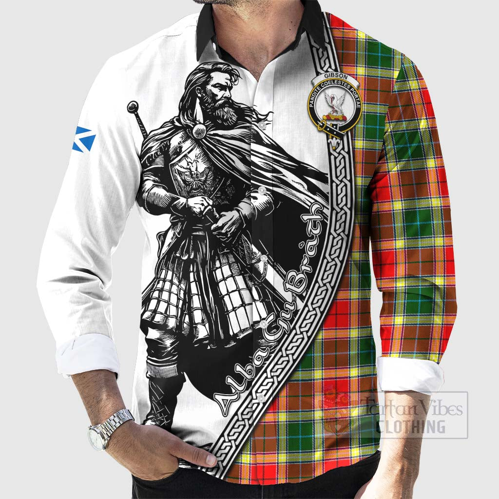 Tartan Vibes Clothing Gibson (Gibbs or Gibsone) Tartan Clan Crest Long Sleeve Button Shirt with Highlander Warrior Celtic Style