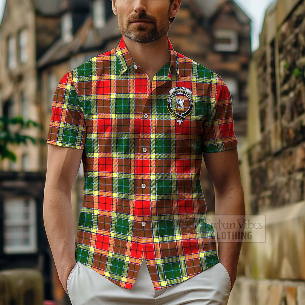 Tartan Vibes Clothing Gibson (Gibbs or Gibsone) Tartan Short Sleeve Button Shirt with Family Crest and Bearded Skull Holding Bottles of Whiskey