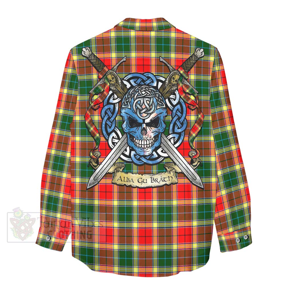 Tartan Vibes Clothing Gibson (Gibbs or Gibsone) Tartan Women's Casual Shirt with Family Crest Celtic Skull Style