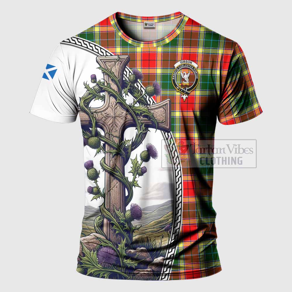 Tartan Vibes Clothing Gibson (Gibbs or Gibsone) Agnew Tartan T-Shirt with Family Crest and St. Andrew's Cross Accented by Thistle Vines