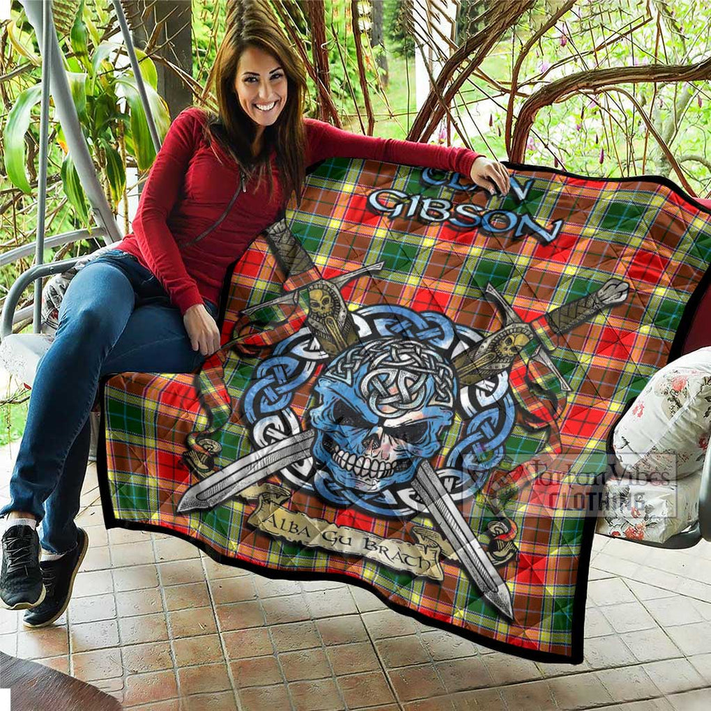 Tartan Vibes Clothing Gibson (Gibbs or Gibsone) Tartan Quilt with Celtic Skull Alba Gu Brath Style