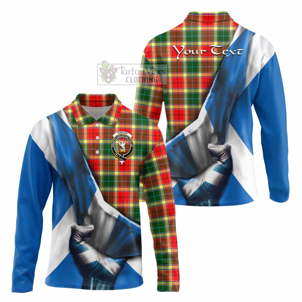 Tartan Vibes Clothing Gibson (Gibbs or Gibsone) Tartan Long Sleeve Polo Shirt with Family Crest Scotland Patriotic Style