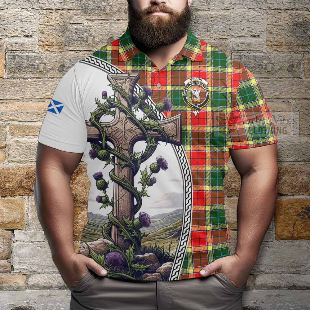 Tartan Vibes Clothing Gibson (Gibbs or Gibsone) Tartan Polo Shirt with Family Crest and St. Andrew's Cross Accented by Thistle Vines