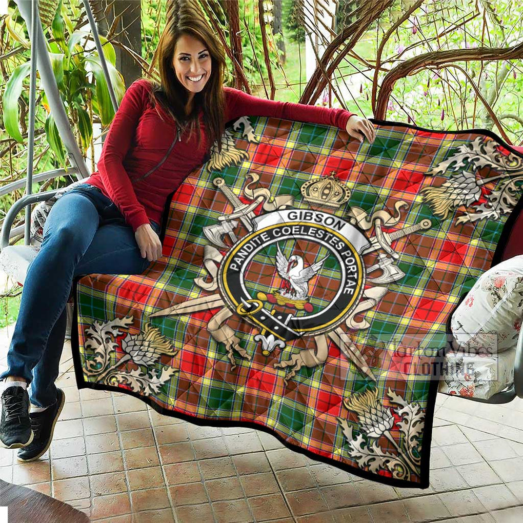 Tartan Vibes Clothing Gibson (Gibbs or Gibsone) Tartan Quilt with Family Crest and Scottish Golden Courage Shield