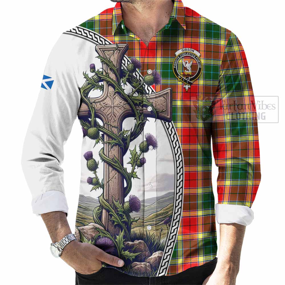 Tartan Vibes Clothing Gibson (Gibbs or Gibsone) Tartan Long Sleeve Button Shirt with Family Crest and St. Andrew's Cross Accented by Thistle Vines