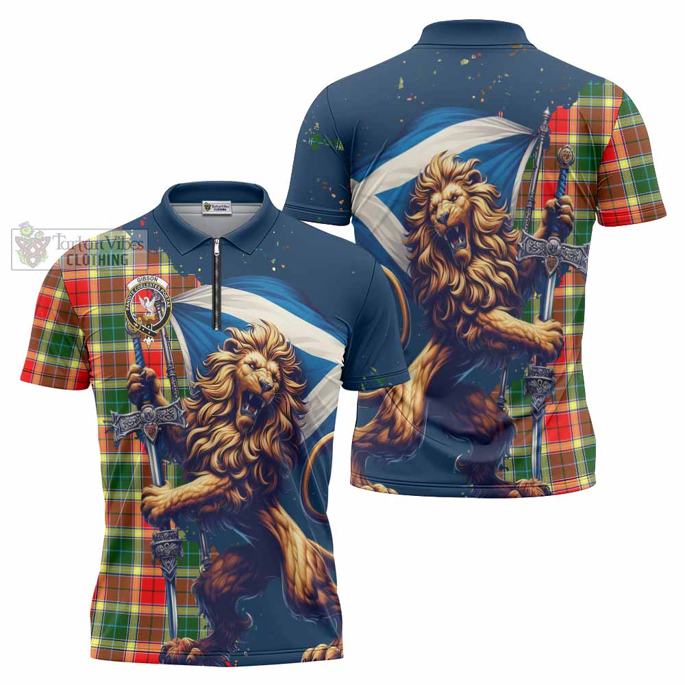 Tartan Vibes Clothing Gibson (Gibbs or Gibsone) Tartan Family Crest Zipper Polo Shirt with Scottish Majestic Lion