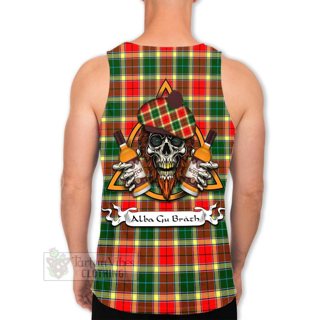 Tartan Vibes Clothing Gibson (Gibbs or Gibsone) Tartan Men's Tank Top with Family Crest and Bearded Skull Holding Bottles of Whiskey