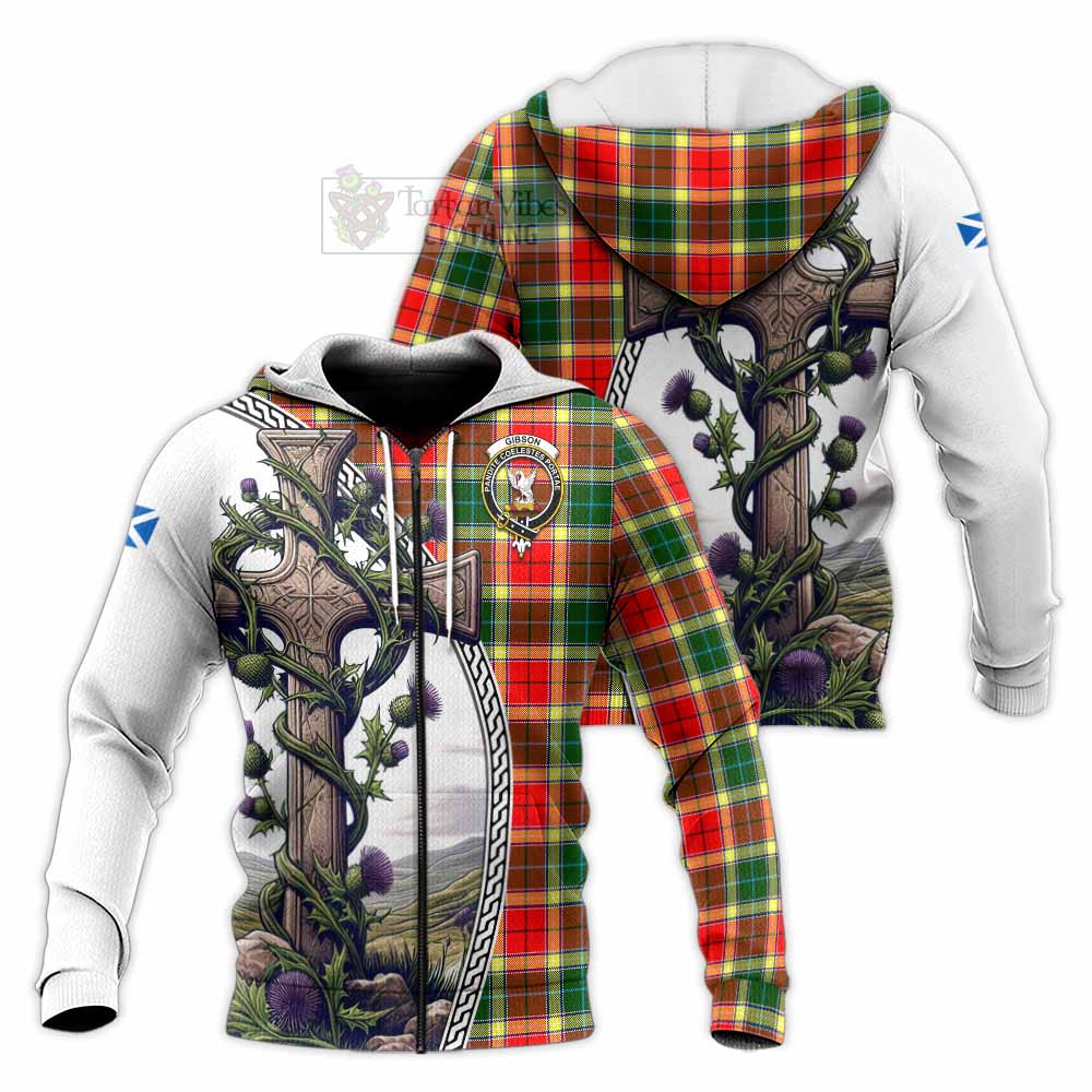 Tartan Vibes Clothing Gibson (Gibbs or Gibsone) Tartan Knitted Hoodie with Family Crest and St. Andrew's Cross Accented by Thistle Vines