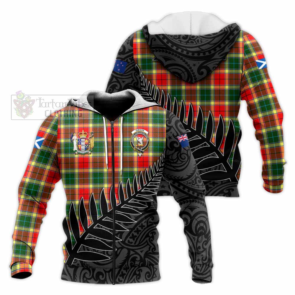 Tartan Vibes Clothing Gibson (Gibbs or Gibsone) Crest Tartan Knitted Hoodie with New Zealand Silver Fern Half Style