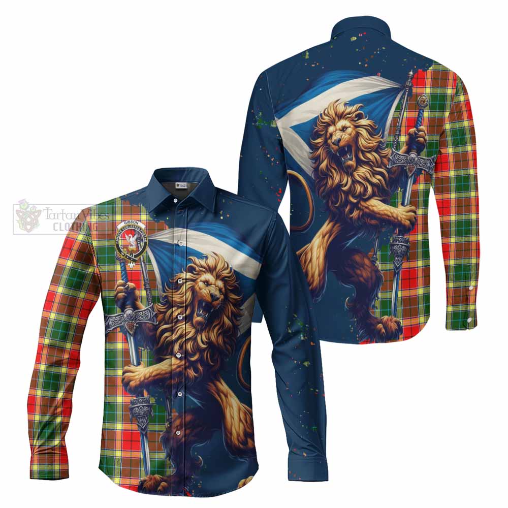 Tartan Vibes Clothing Gibson (Gibbs or Gibsone) Tartan Family Crest Long Sleeve Button Shirt with Scottish Majestic Lion