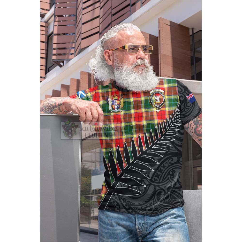 Tartan Vibes Clothing Gibson (Gibbs or Gibsone) Crest Tartan Cotton T-shirt with New Zealand Silver Fern Half Style