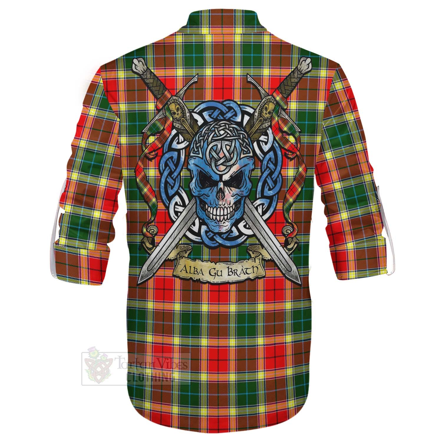 Tartan Vibes Clothing Gibson (Gibbs or Gibsone) Tartan Ghillie Kilt Shirt with Family Crest Celtic Skull Style