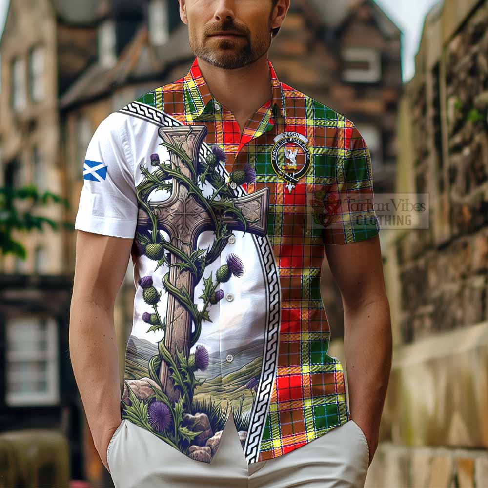 Tartan Vibes Clothing Gibson (Gibbs or Gibsone) Tartan Short Sleeve Button Shirt with Family Crest and St. Andrew's Cross Accented by Thistle Vines