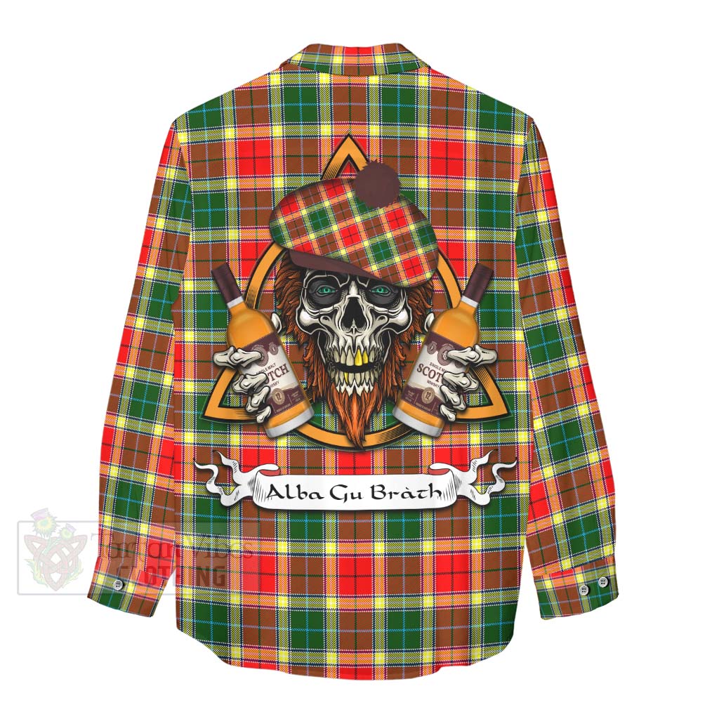 Tartan Vibes Clothing Gibson (Gibbs or Gibsone) Tartan Women's Casual Shirt with Family Crest and Bearded Skull Holding Bottles of Whiskey