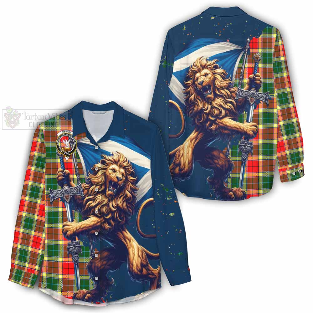 Tartan Vibes Clothing Gibson (Gibbs or Gibsone) Tartan Family Crest Women's Casual Shirt with Scottish Majestic Lion