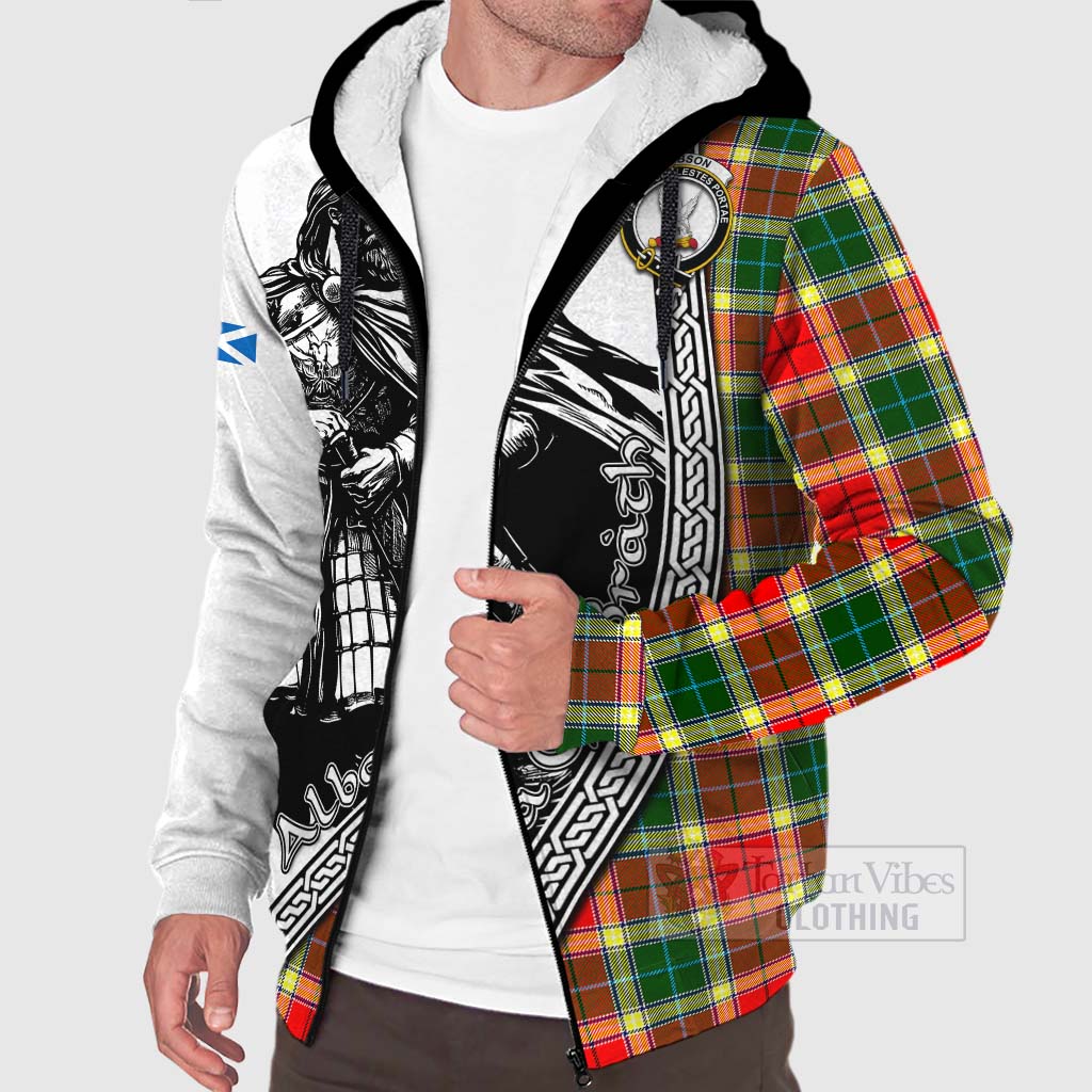 Tartan Vibes Clothing Gibson (Gibbs or Gibsone) Tartan Clan Crest Sherpa Hoodie with Highlander Warrior Celtic Style